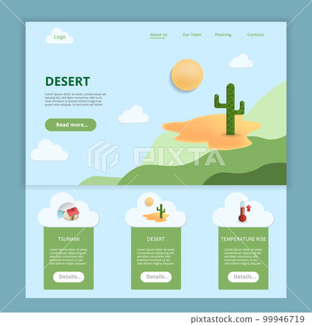 Desert flat landing page website template. Tsunami, desert, temperature rise. Web banner with header, content and footer. Vector illustration. 99946719