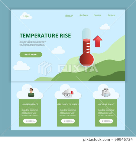 Temperature rise flat landing page website template. Human impact, greenhouse gases, nuclear plant. Web banner with header, content and footer. Vector illustration. Temperature rise flat landing page website template. Human impact, greenhouse gases, nuclear plant. Web banner with header, content and footer. Vector illustration. 99946724