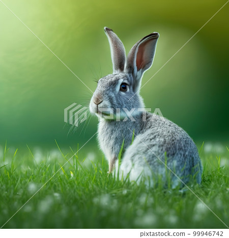 Sedate easter Silver Marten rabbit portrait full body sitting in green field Sedate easter Silver Marten rabbit portrait full body sitting in green field 99946742