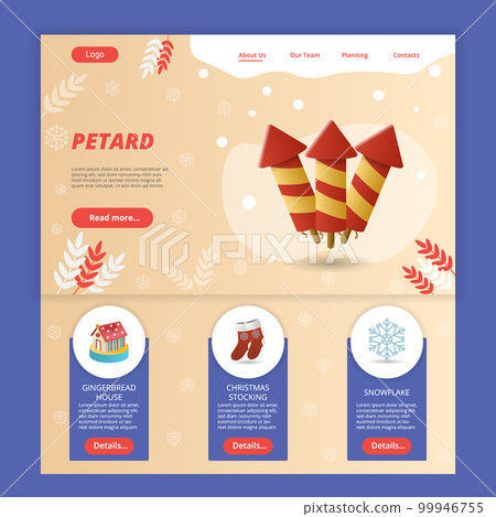 Petard flat landing page website template. Gingerbread house, christmas stocking, snowflake. Web banner with header, content and footer. Vector illustration. 99946755