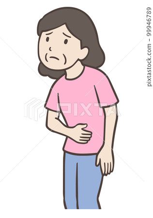 An old woman with a bad stomach, a middle-aged woman who rubs her stomach 99946789