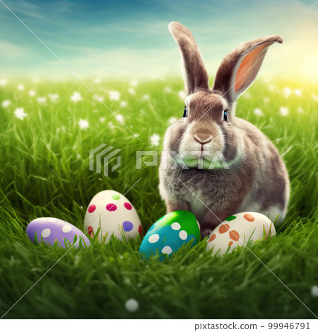 Single sedate furry Mini Rex rabbit sitting on green grass with easter eggs. Single sedate furry Mini Rex rabbit sitting on green grass with easter eggs. 99946791