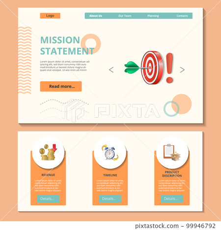 Mission statement flat landing page website template. Revenue, timeline, product discription. Web banner with header, content and footer. Vector illustration. Mission statement flat landing page website template. Revenue, timeline, product discription. Web banner with header, content and footer. Vector illustration. 99946792
