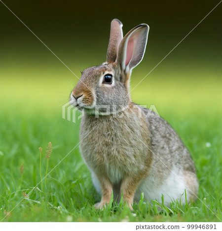 Sedate easter Rhinelander rabbit portrait full body sitting in green field Sedate easter Rhinelander rabbit portrait full body sitting in green field 99946891