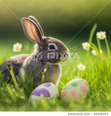 Single sedate furry Champagne rabbit sitting on green grass with easter eggs. Single sedate furry Champagne rabbit sitting on green grass with easter eggs. 99946953