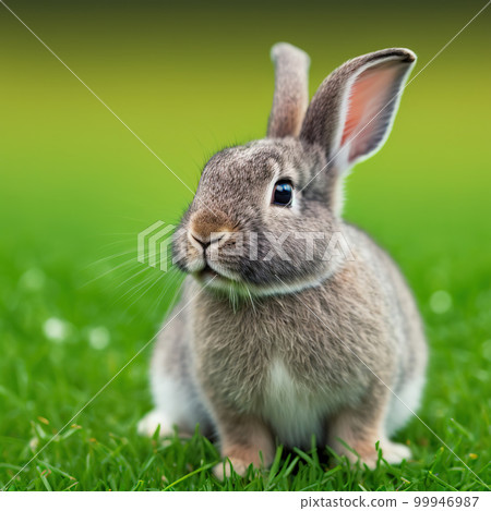 Sedate easter Mini Rex rabbit portrait full body sitting in green field 99946987