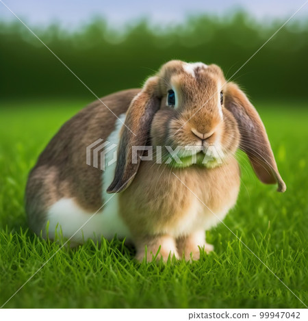 Sedate easter English Lop rabbit portrait full body sitting in green field Sedate easter English Lop rabbit portrait full body sitting in green field 99947042