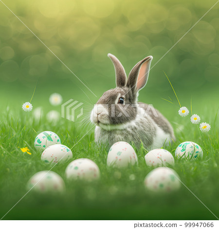 Single sedate furry Beveren rabbit sitting on green grass with easter eggs. Single sedate furry Beveren rabbit sitting on green grass with easter eggs. 99947066