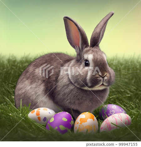 Single sedate furry Rex rabbit sitting on green grass with easter eggs. Single sedate furry Rex rabbit sitting on green grass with easter eggs. 99947155