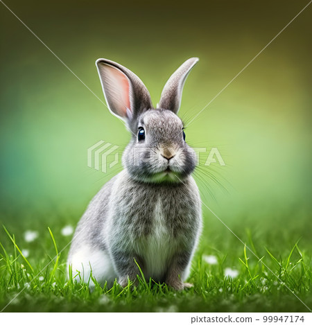 Sedate easter Satin rabbit portrait full body sitting in green field Sedate easter Satin rabbit portrait full body sitting in green field 99947174
