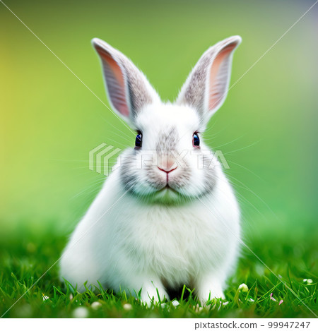 Sedate easter white dwarf rabbit portrait full body sitting in green field Sedate easter white dwarf rabbit portrait full body sitting in green field 99947247