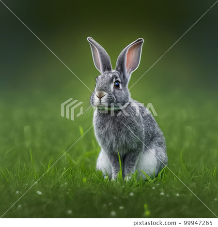 Sedate easter Silver Fox rabbit portrait full body sitting in green field Sedate easter Silver Fox rabbit portrait full body sitting in green field 99947265