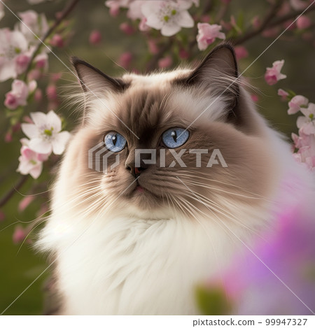 Realistic blue eye ragdoll cat on ravishing natural outdoor background Realistic blue eye ragdoll cat on ravishing natural outdoor background 99947327