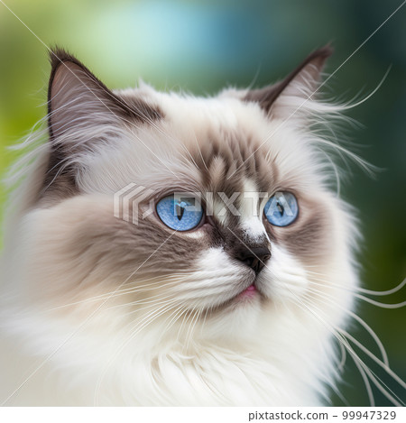 Realistic blue eye ragdoll cat on ravishing natural outdoor background Realistic blue eye ragdoll cat on ravishing natural outdoor background 99947329