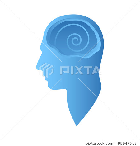Silhouette human profile with spiral line in head. Ordered thoughts concept. Calm mind and mental health. Vector illustration. Silhouette human profile with spiral line in head. Ordered thoughts concept. Calm mind and mental health. Vector illustration. 99947515