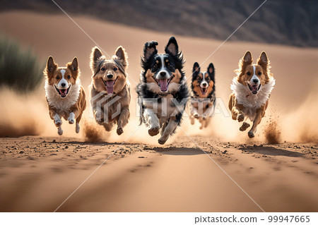 Happy dogs are running towards camera in outdoor activity Happy dogs are running towards camera in outdoor activity 99947665