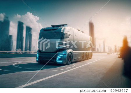 Self driving futuristic freight truck deliver goods to warehouse on city highway 99948427