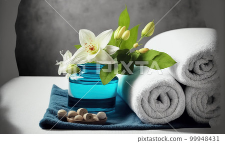 AI Generative image, spa accessory composition set in spa hotel wellness center 99948431