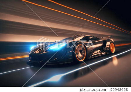 Speeding fast sports car drives on highway road with motion blur effects 99948668