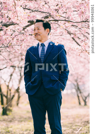 盛開的櫻花和西裝革履的老人 99948861
