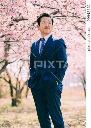 Cherry blossoms in full bloom and an old man in a suit 99948862