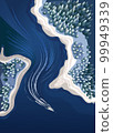 Boat on the river and forest in a winter nature landscape from top. Vector illustration 99949339