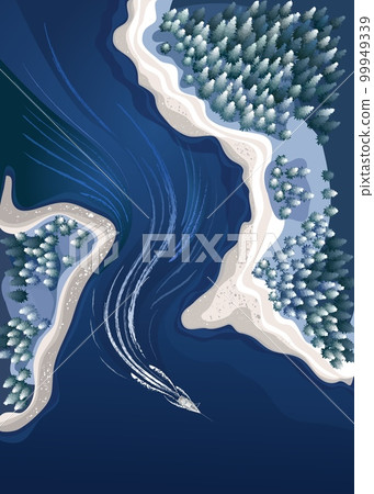 Boat on the river and forest in a winter nature landscape from top. Vector illustration 99949339