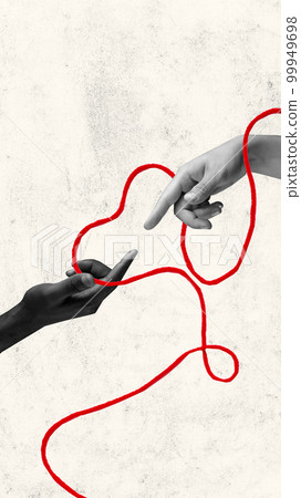 Black and white hands touching by fingers. Contemporary art collage. Concept of love, care, support, diversity and human relationship Black and white hands touching by fingers. Contemporary art collage. Concept of love, care, support, diversity and human relationship 99949698