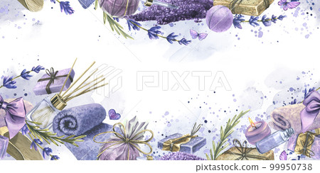 Horizontal border with cosmetics and accessories for the bathroom and spa. watercolor illustration. Seamless pattern from the LAVENDER SPA collection. For design of certificates, invitations. 99950738