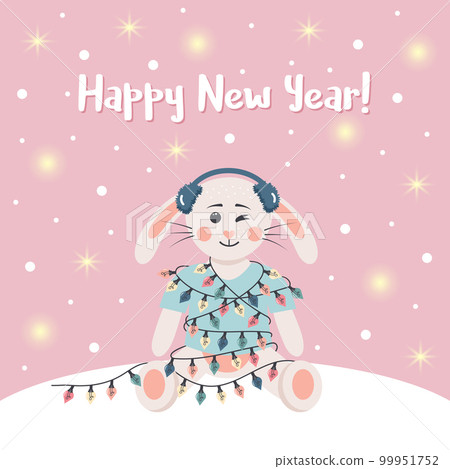 Cute rabbit in winter headphones is wrapped in a garland. Winter card with glowing lights and snow. Happy new year text. 99951752