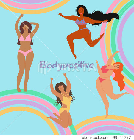 Happy girls in swimsuits of different nationalities and rainbows. Body positive movement and feminism, mental health and good vibes. Happy girls in swimsuits of different nationalities and rainbows. Body positive movement and feminism, mental health and good vibes. 99951757