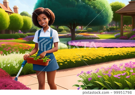 Beautiful girl working a gardener. African American girl planting flowers 99951798
