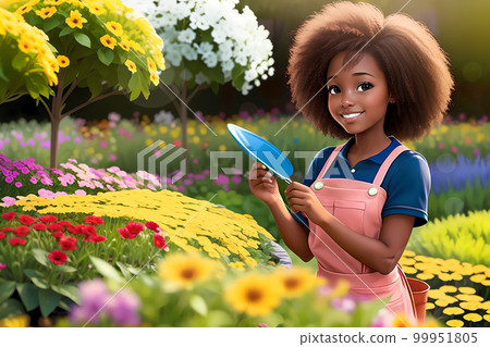 Beautiful girl working a gardener. African American girl planting flowers 99951805