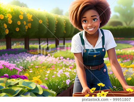 Beautiful girl working a gardener. African American girl planting flowers 99951807