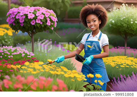 Beautiful girl working a gardener. African American girl planting flowers 99951808