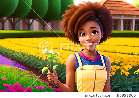 Beautiful girl working a gardener. African American girl planting flowers Beautiful girl working a gardener. African American girl planting flowers 99951809
