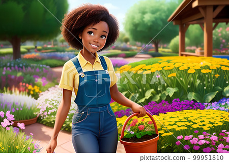 Beautiful girl working a gardener. African American girl planting flowers 99951810