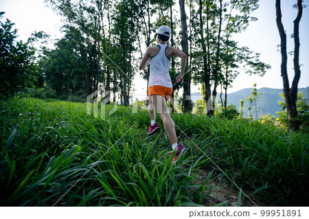 Trail runner running in summer forest trail 99951891