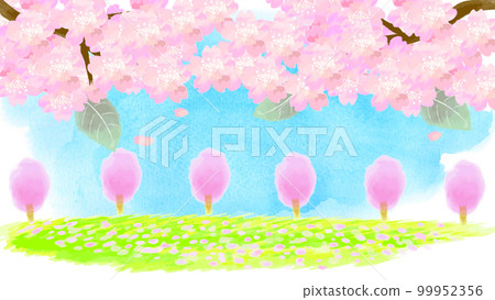 Cute illustration of watercolor cherry blossom trees and spring meadow 99952356