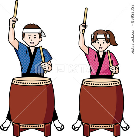 A man and a woman playing Japanese drums 99952358