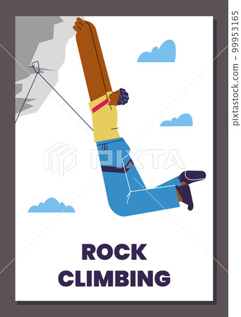 Poster or vertical banner with man hanging high on rock flat style 99953165