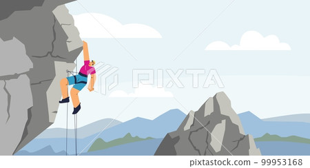 Mountain range view with climber or alpinist, flat cartoon vector illustration. 99953168