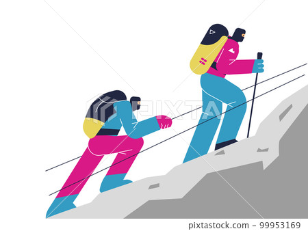 Climbers and hikers in the mountains climb the tourist trail, flat vector. 99953169