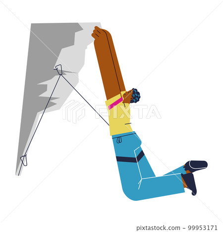 Young boy hanging on rock with rope insurance flat style 99953171