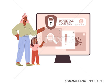 Mother uses apps to restrict her child accessing the internet, vector isolated. Mother uses apps to restrict her child accessing the internet, vector isolated. 99953199