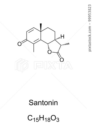 Santonin, chemical formula. Extracted from sea wormwood, Artemisia maritima, it was a drug, widely used as anthelmintic, to expel parasitic worms. Artemisin is a hydroxylated derivative of santonin. 99953823