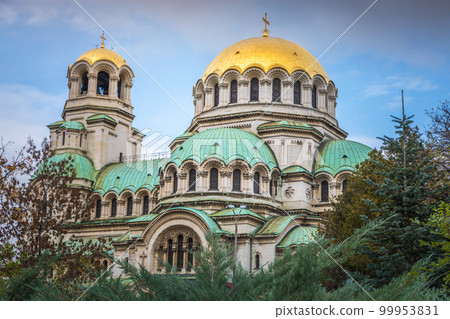 Alexander Nevski cathedral square in Sofia at dramatic autumn sunset, Bulgaria 99953831