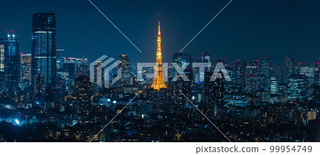 從日本東京澀谷 Ebisu Garden Place Tower 的空中休息室看到的東京夜景和東京鐵塔 99954749
