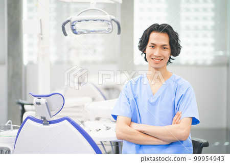 Young male dentist folding his arms in front of a dental care unit 99954943