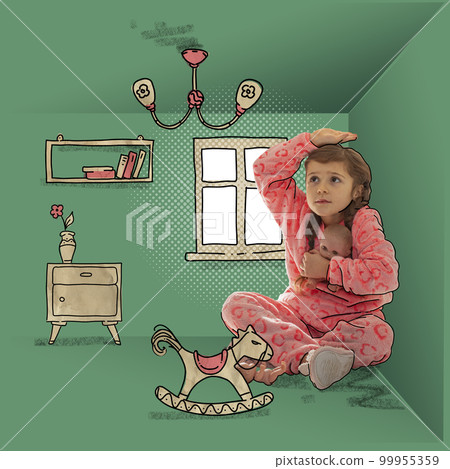Conceptual art collage with little kid sitting at tiny children room with toys fear, discomfort. Concept of inner world, dreams, child psychology Conceptual art collage with little kid sitting at tiny children room with toys fear, discomfort. Concept of inner world, dreams, child psychology 99955359